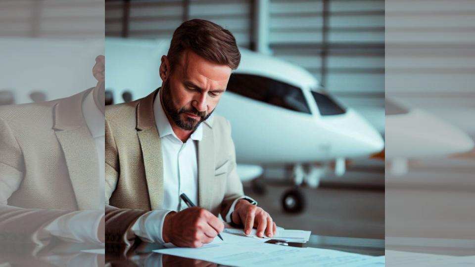 man signing off renting plane